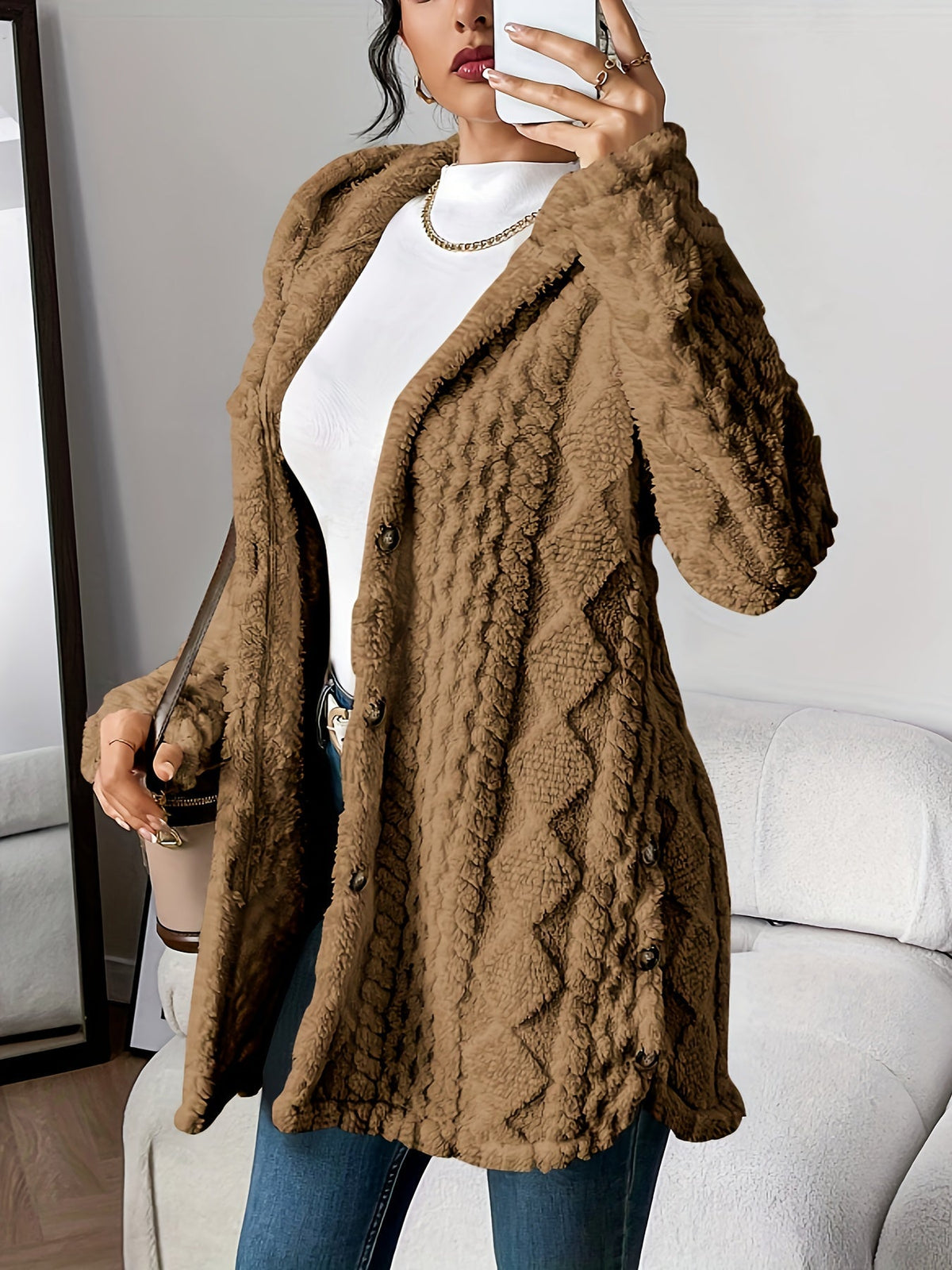 Odalys | Women's Hooded Textured Button-Up Cardigan