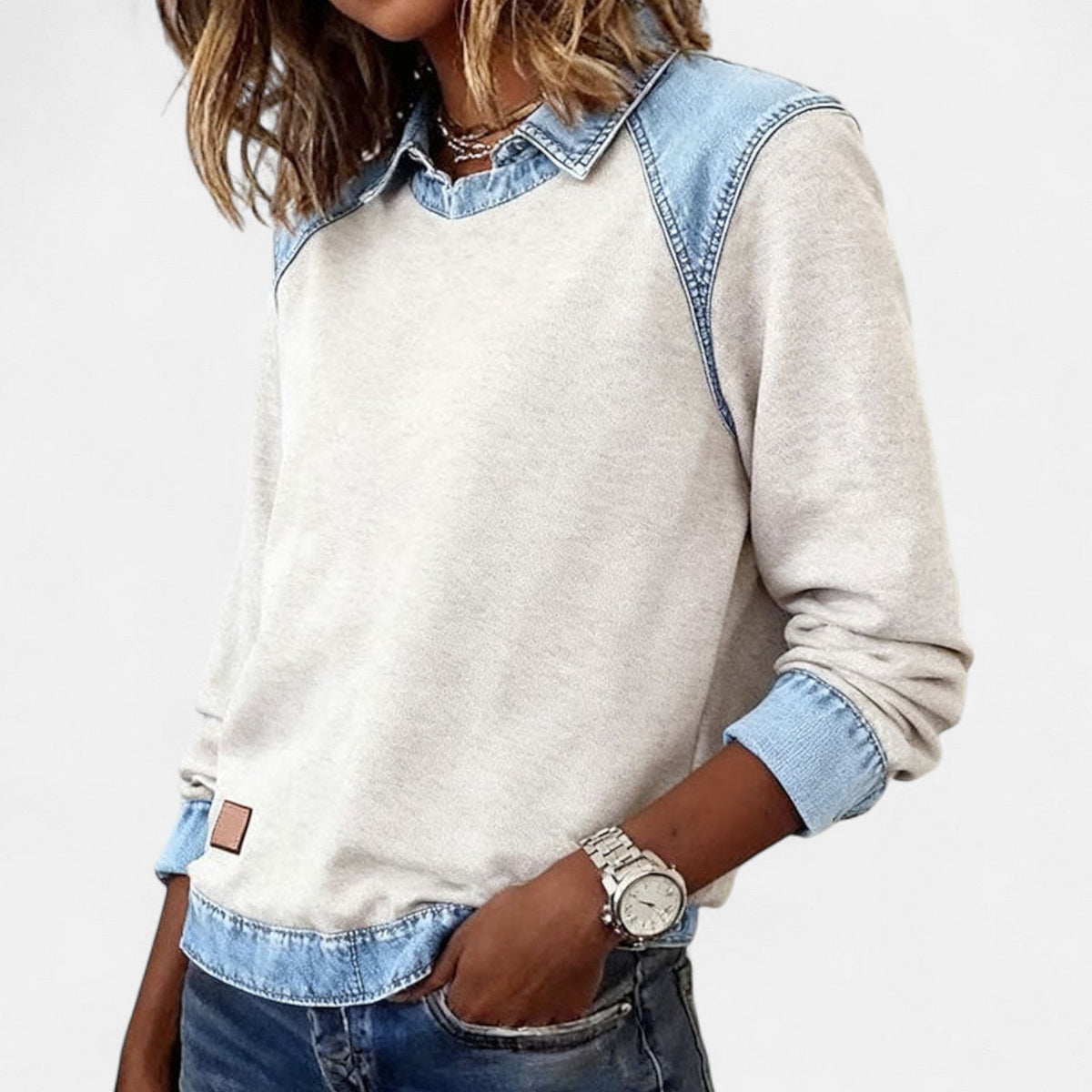 Marguerite | A Crew Neck Sweatshirt for Women, Finished with Denim Trim