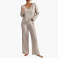 Eleonora | Women's Ribbed Knit V-Neck Sweater and Wide Leg Pants Set