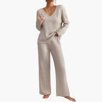 Eleonora | Women's Ribbed Knit V-Neck Sweater and Wide Leg Pants Set