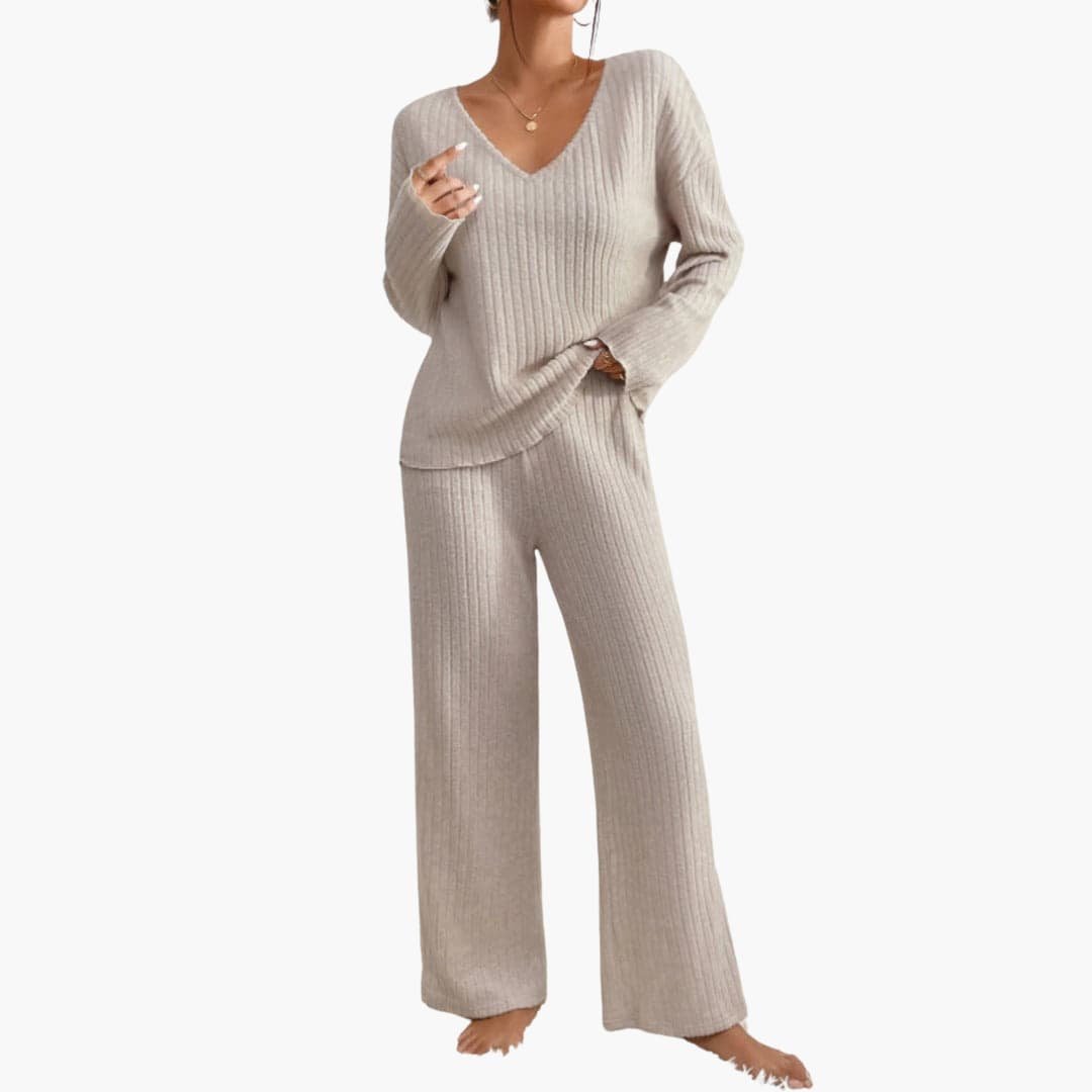 Eleonora | Women's Ribbed Knit V-Neck Sweater and Wide Leg Pants Set