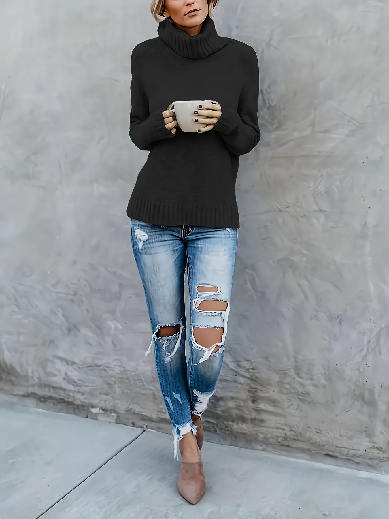 Isolde | Women's Cotton Turtleneck Sweater with Split Hem for Casual Fall Wear
