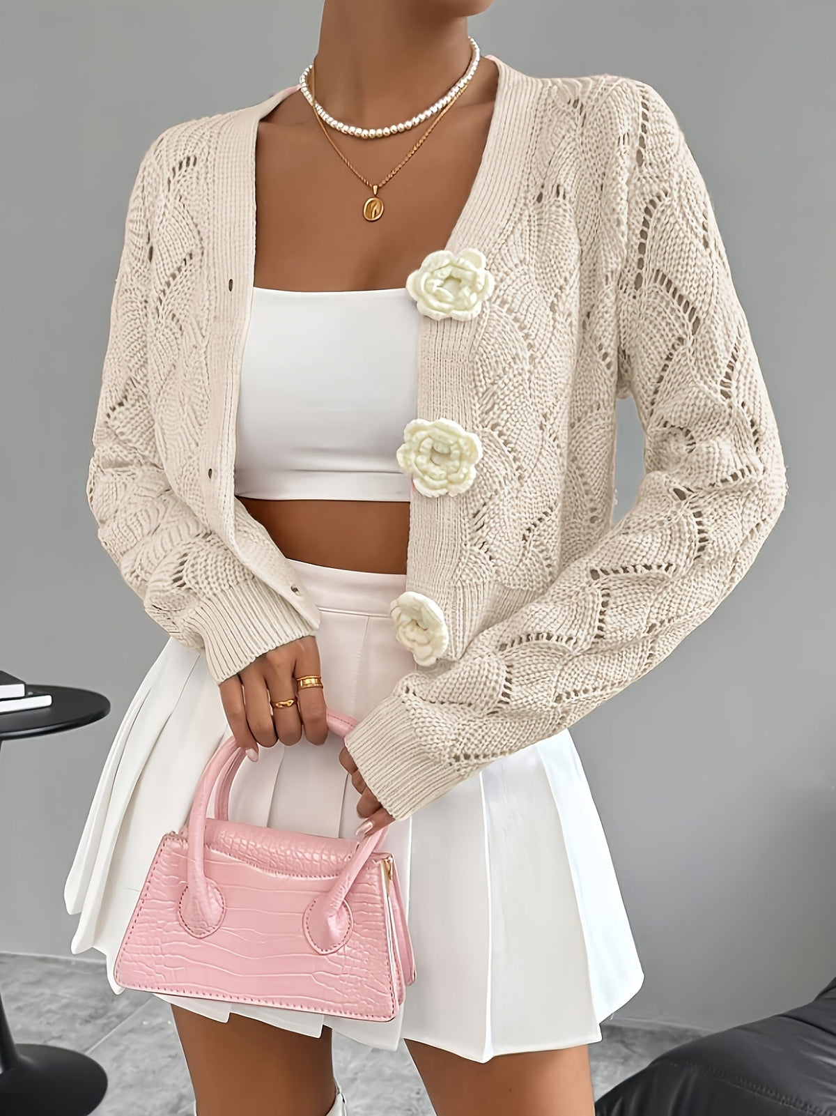 Marigold | Women's Crochet Knit Cardigan with Floral Buttons