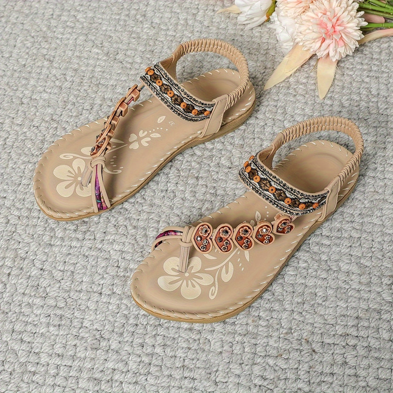 Boho Rhinestone Beaded Toe Ring Flat Sandal