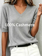 Delphine | Women's Cashmere Wool Short-Sleeve V-Neck Sweater with Ribbed Collar