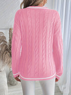 Cordelia | Women's Oversized V-Neck Striped Trim Cable Knit Sweater