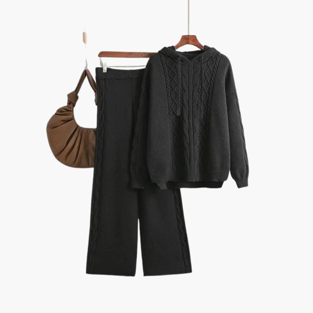 Bettina | Women's Cable Knit Sweater Hoodie and Wide Leg Pants Set