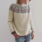 Saoirse | Women's Crew Neck Fair Isle Knit Sweater with Patterned Yoke
