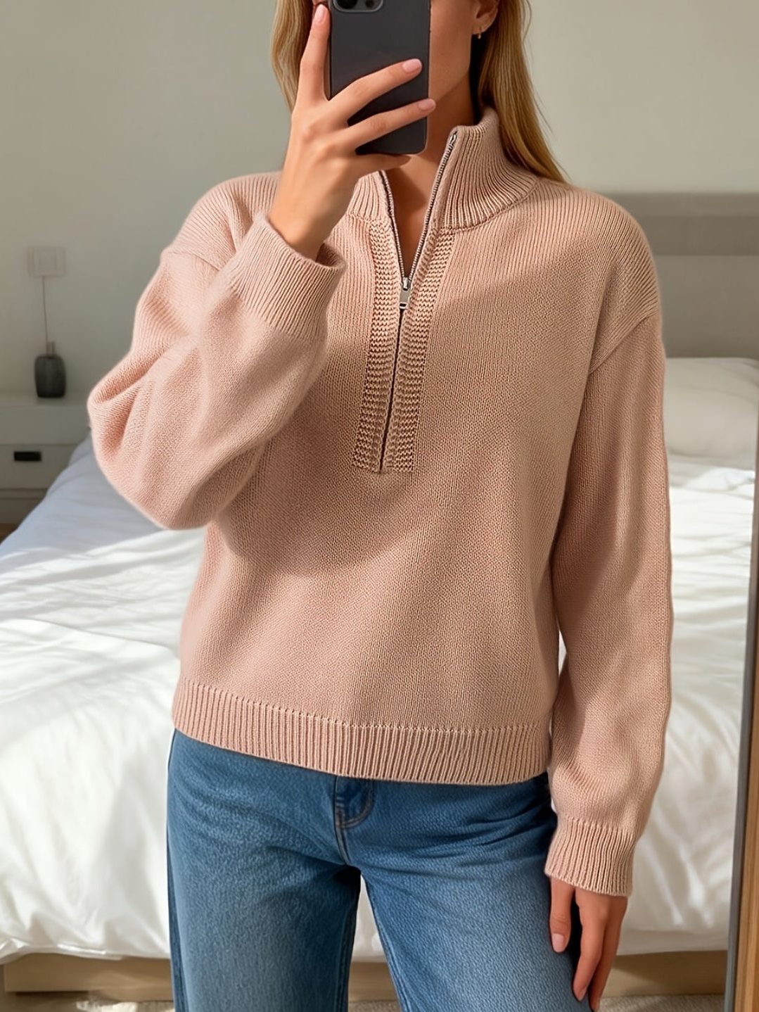 Dalia | Women's Oversized Half Zip Knit Sweater with Funnel Neck
