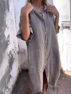 Linen Oversized Button Down Pocket Casual Shirt Dress
