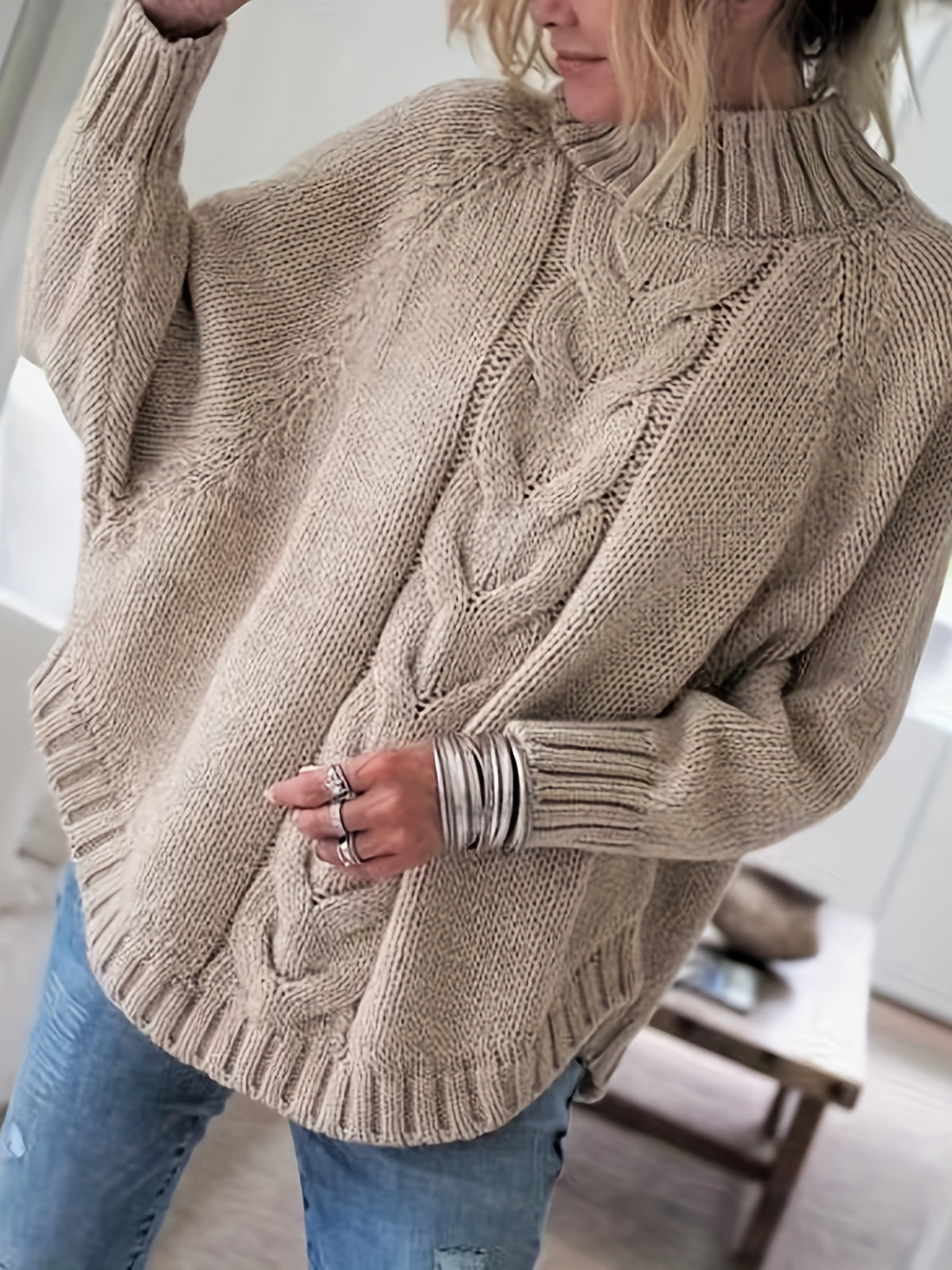 Wren | Women's Wool Cable Knit High-Neck Sweater with Flared Hem for Casual Fall Wear