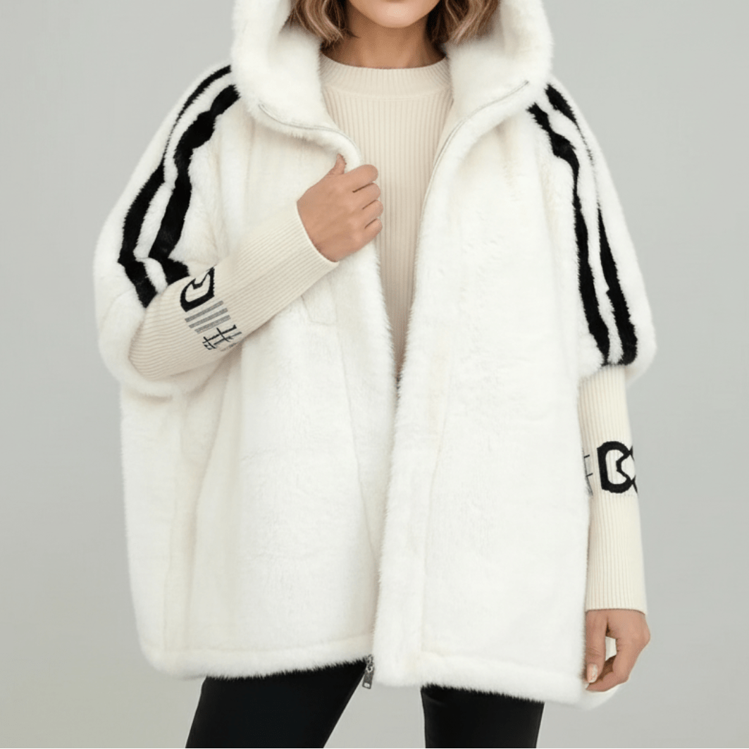 Marceline | Women's Hooded Faux Fur Jacket with Varsity Sleeve Stripes