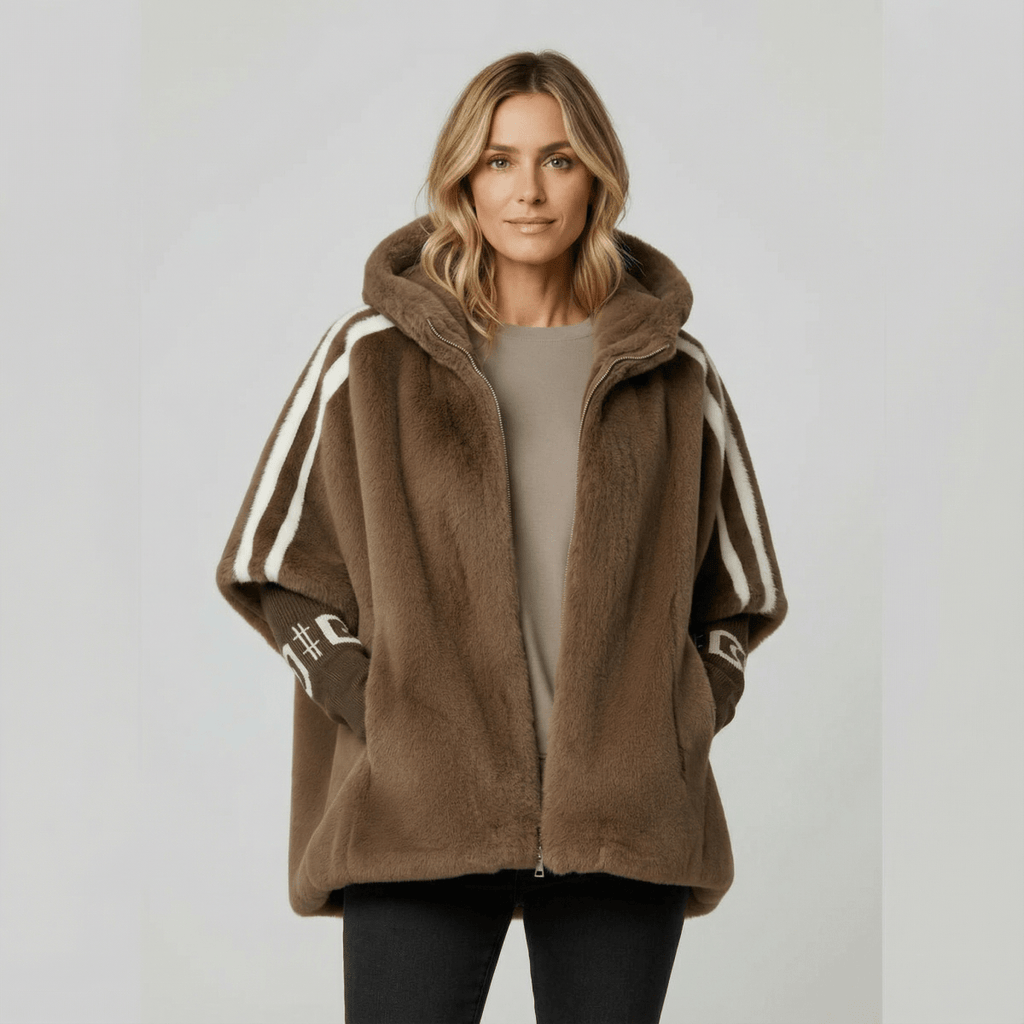 Marceline | Women's Hooded Faux Fur Jacket with Varsity Sleeve Stripes
