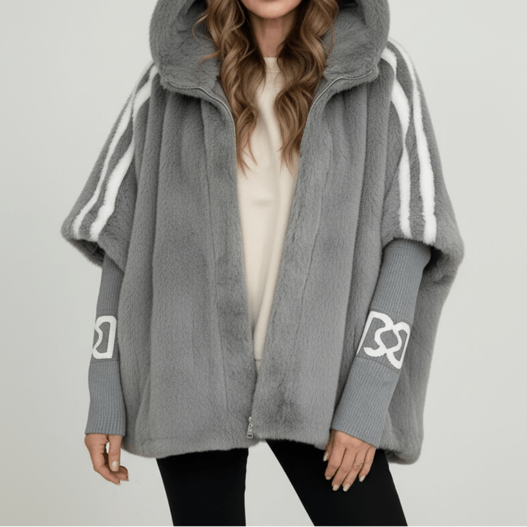 Marceline | Women's Hooded Faux Fur Jacket with Varsity Sleeve Stripes