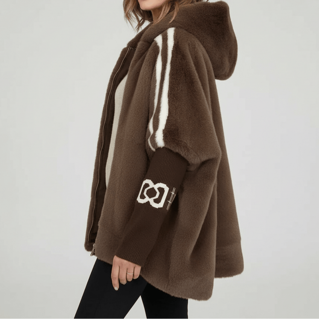 Marceline | Women's Hooded Faux Fur Jacket with Varsity Sleeve Stripes