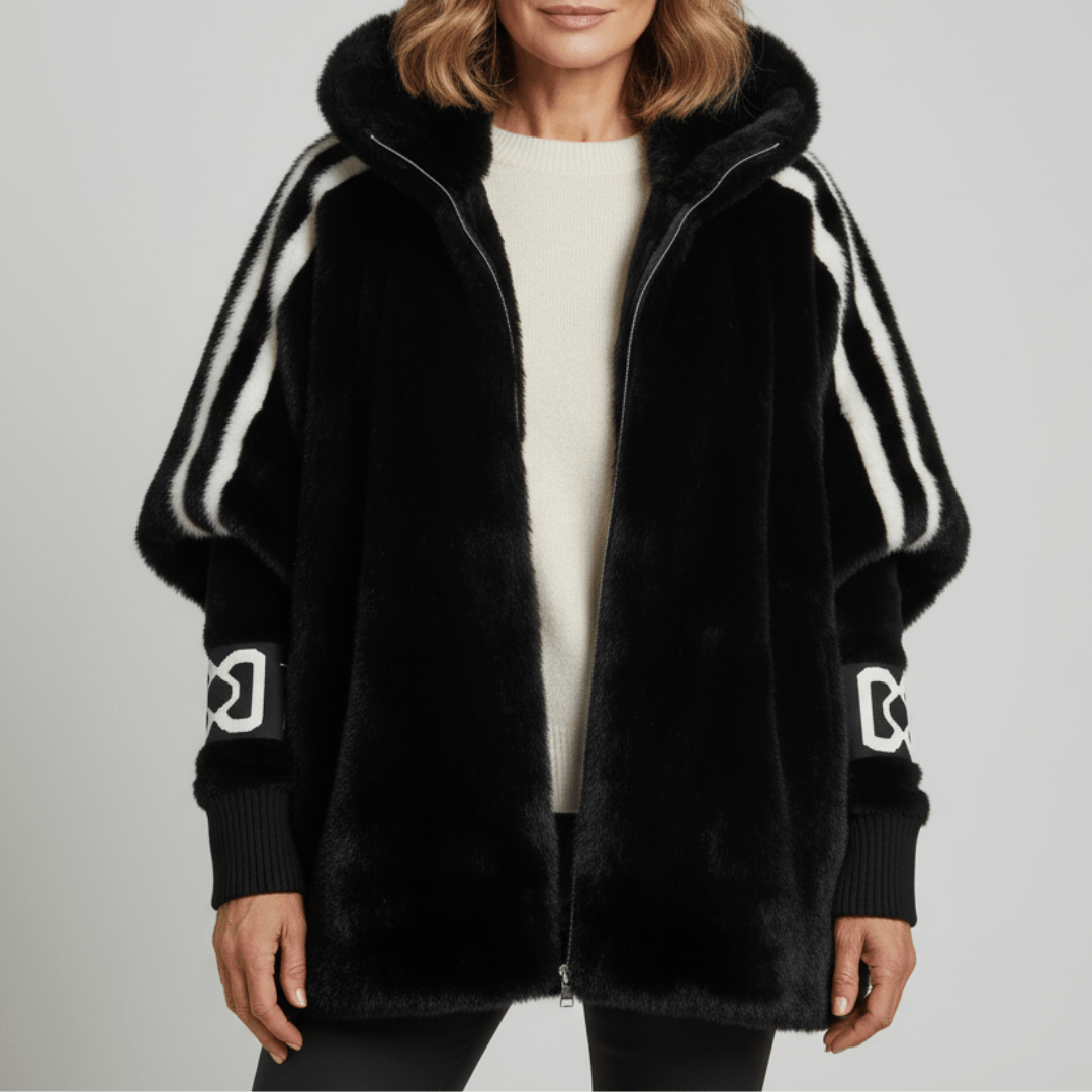 Marceline | Women's Hooded Faux Fur Jacket with Varsity Sleeve Stripes