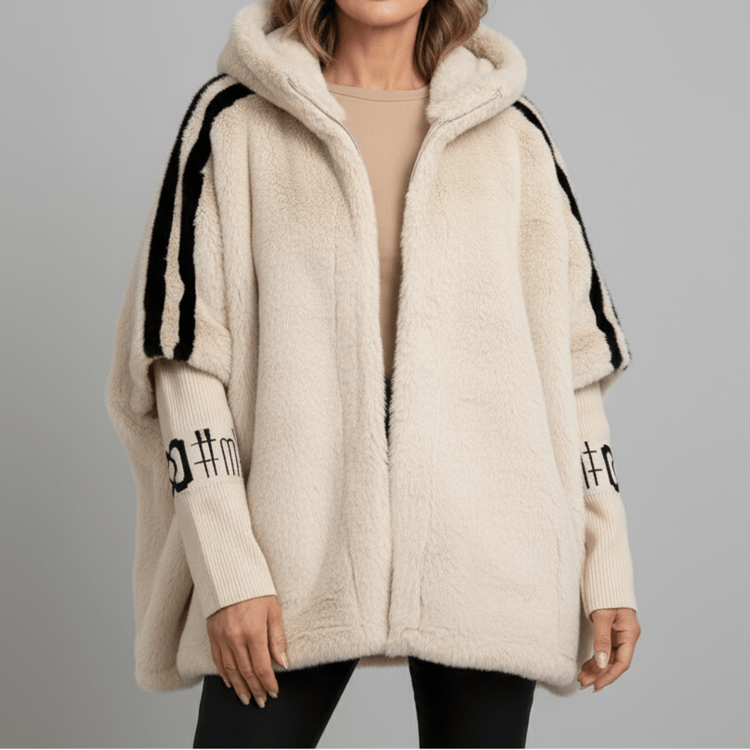 Marceline | Women's Hooded Faux Fur Jacket with Varsity Sleeve Stripes