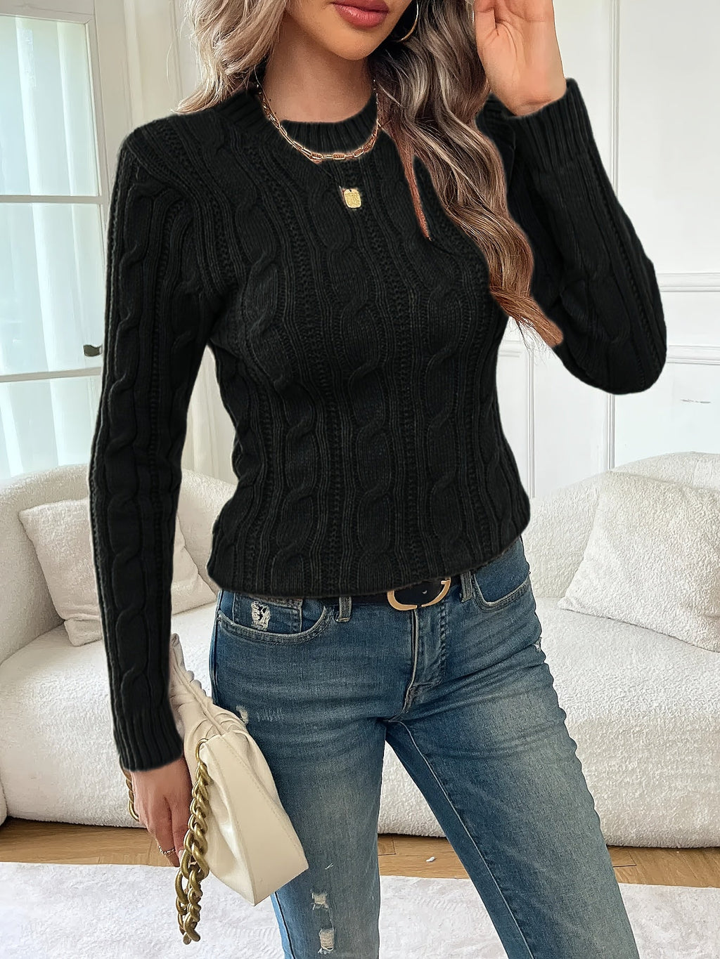 Rosalie | Women's Fitted Crew Neck Cable Knit Sweater