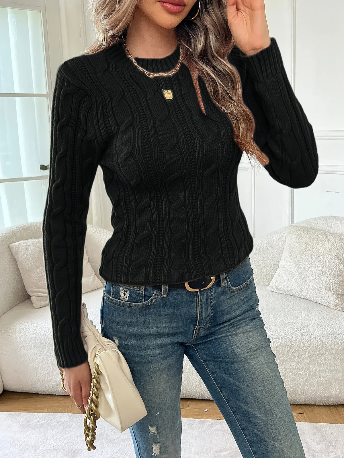Rosalie | Women's Fitted Crew Neck Cable Knit Sweater