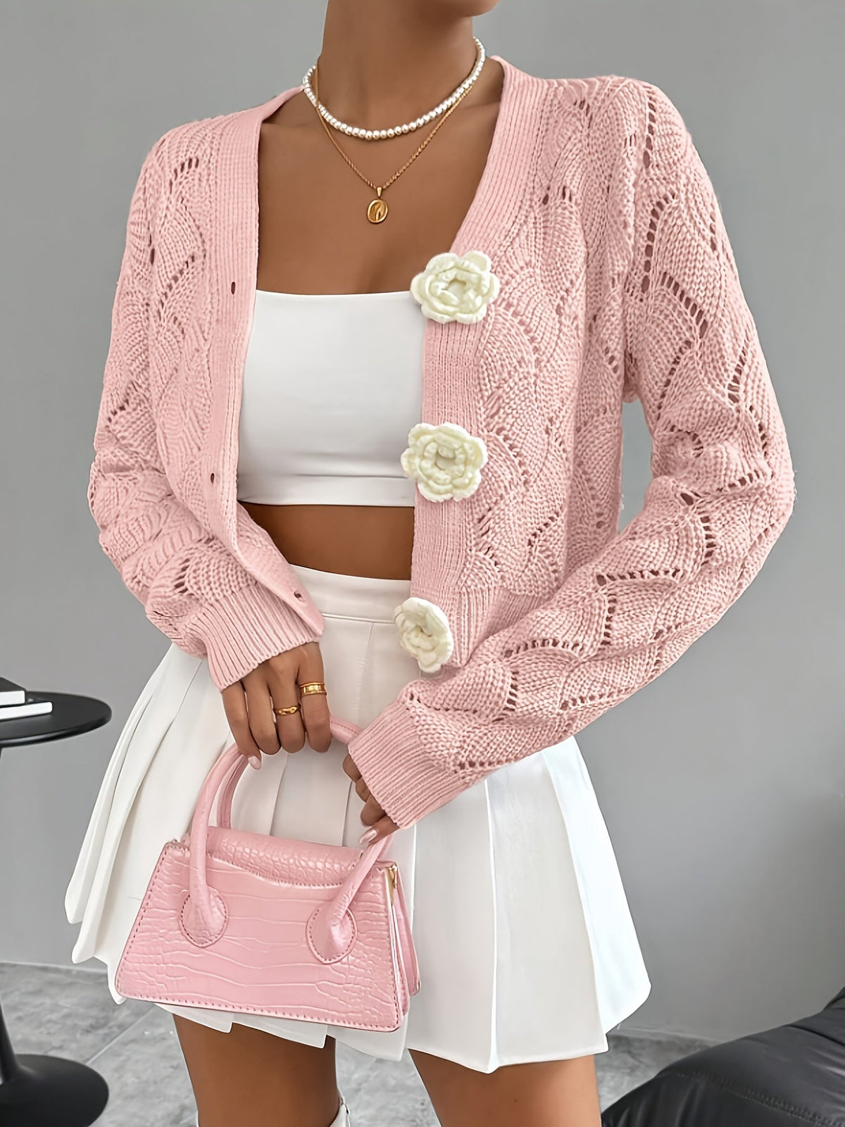 Marigold | Women's Crochet Knit Cardigan with Floral Buttons