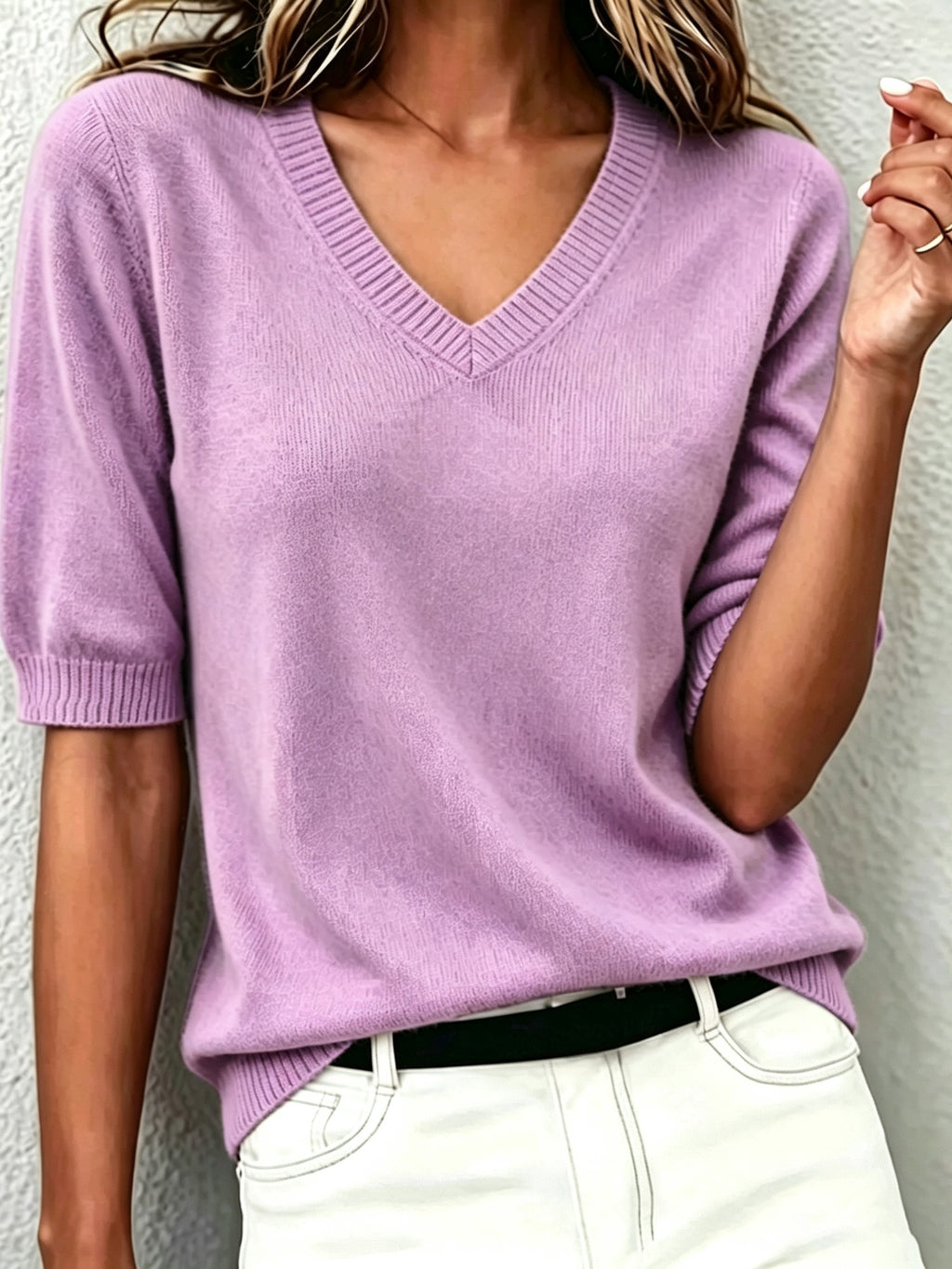 Delphine | Women's Cashmere Wool Short-Sleeve V-Neck Sweater with Ribbed Collar