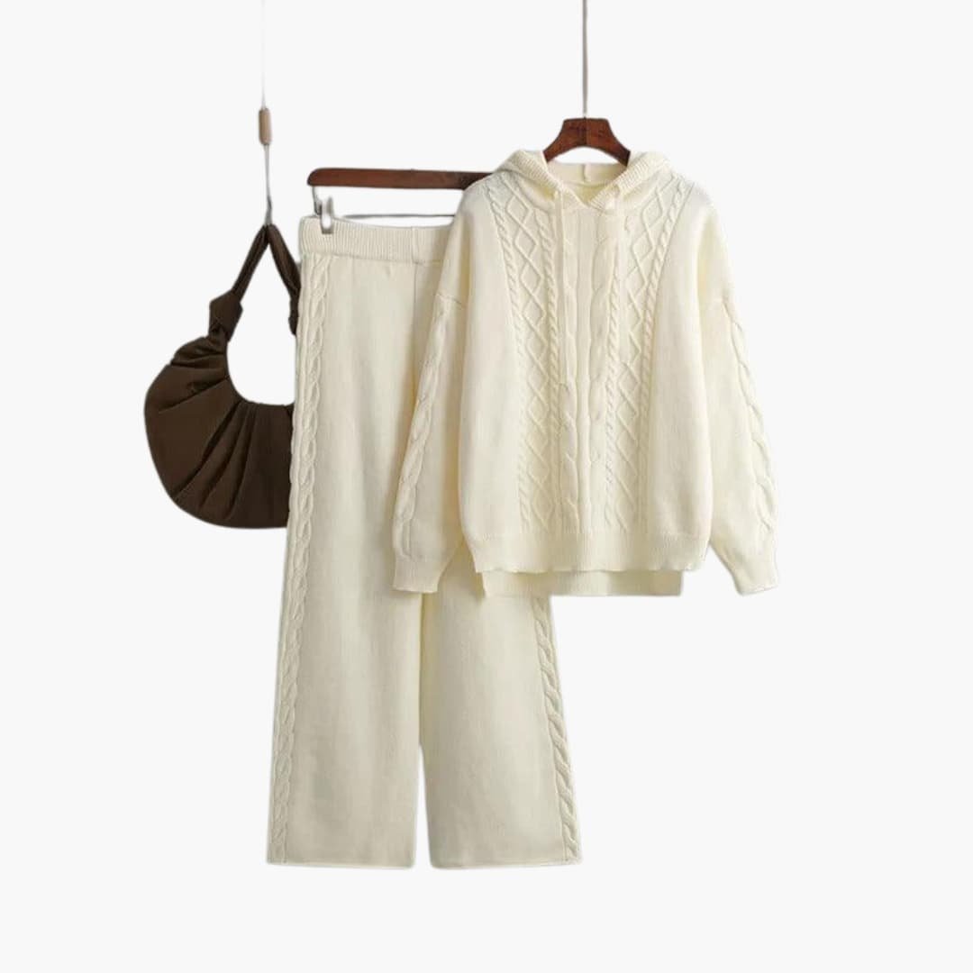 Bettina | Women's Cable Knit Sweater Hoodie and Wide Leg Pants Set