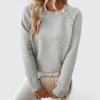 Naomi | Women's Crew Neck Pullover with Pearl Button Shoulder Trim
