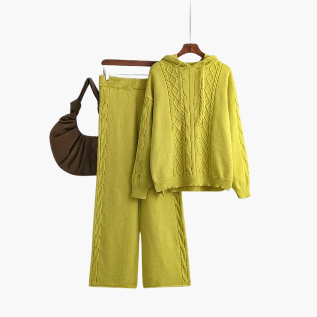 Bettina | Women's Cable Knit Sweater Hoodie and Wide Leg Pants Set
