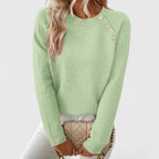 Naomi | Women's Crew Neck Pullover with Pearl Button Shoulder Trim