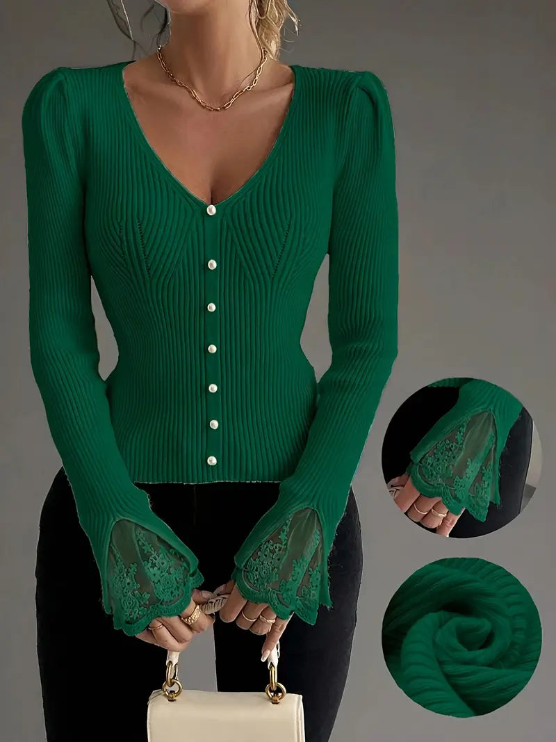 Aveline | Women's Puff Shoulder V-Neck Top with Pearl Buttons and Lace Trim