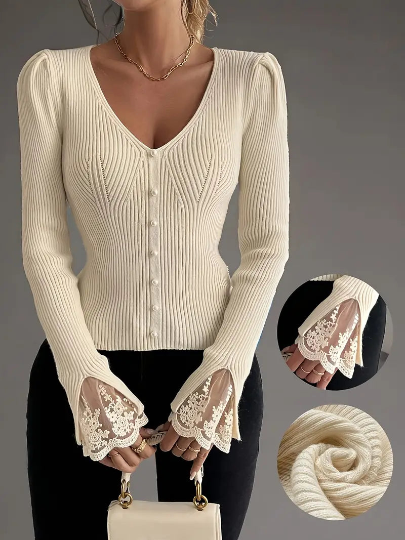 Aveline | Women's Puff Shoulder V-Neck Top with Pearl Buttons and Lace Trim