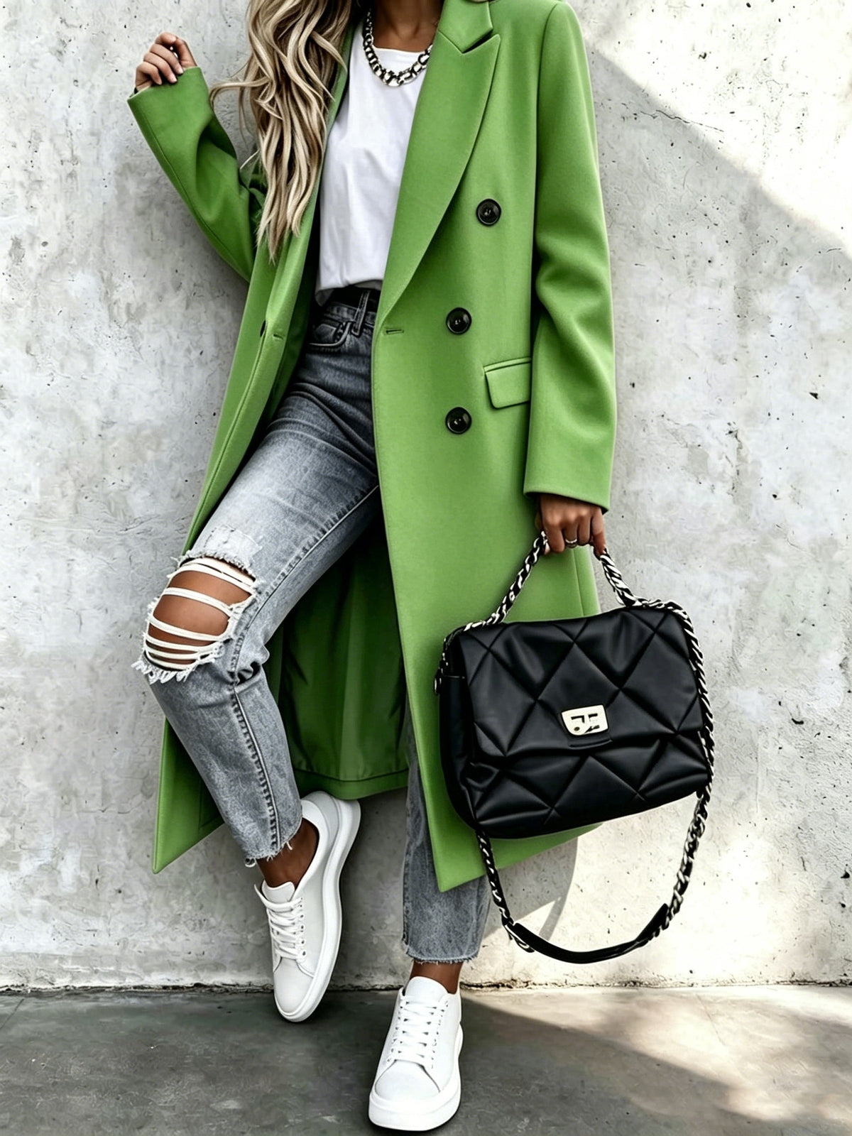 Genevieve | Women's Longline Double Breasted Coat with Notch Lapel