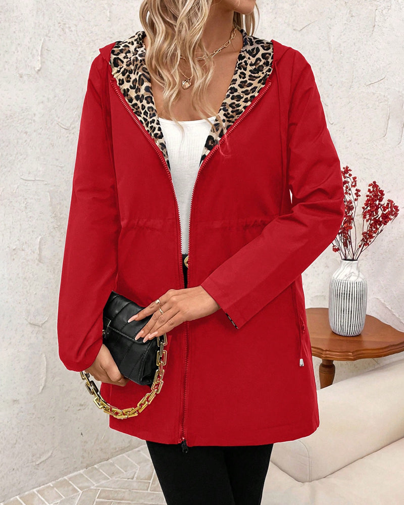 Genevieve | Women's Long Hooded Rain Jacket with Leopard Print Lining