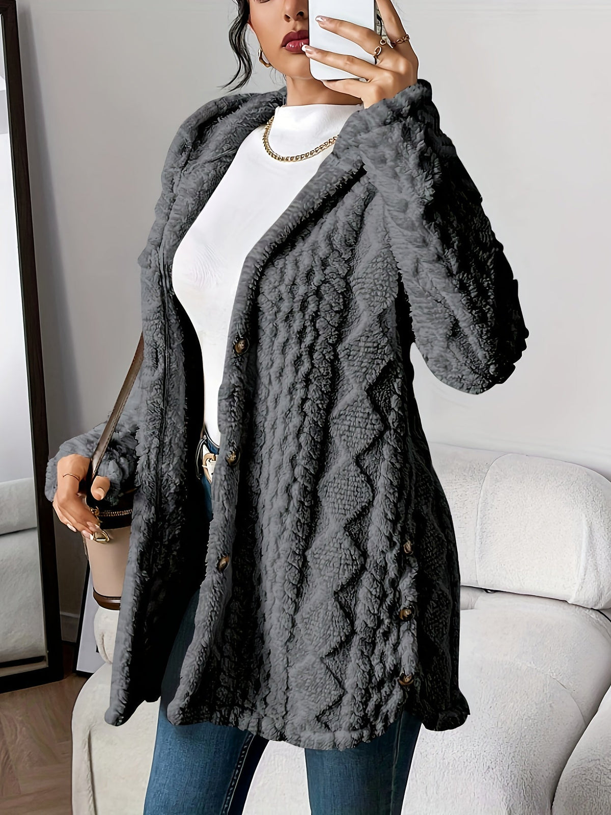 Odalys | Women's Hooded Textured Button-Up Cardigan