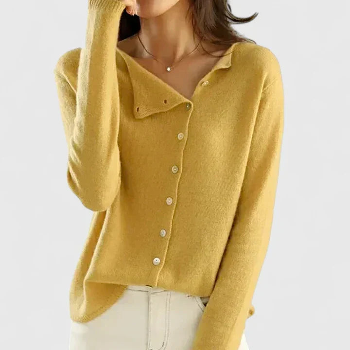 Thea | Women's Fitted Asymmetrical Neckline Button Cardigan