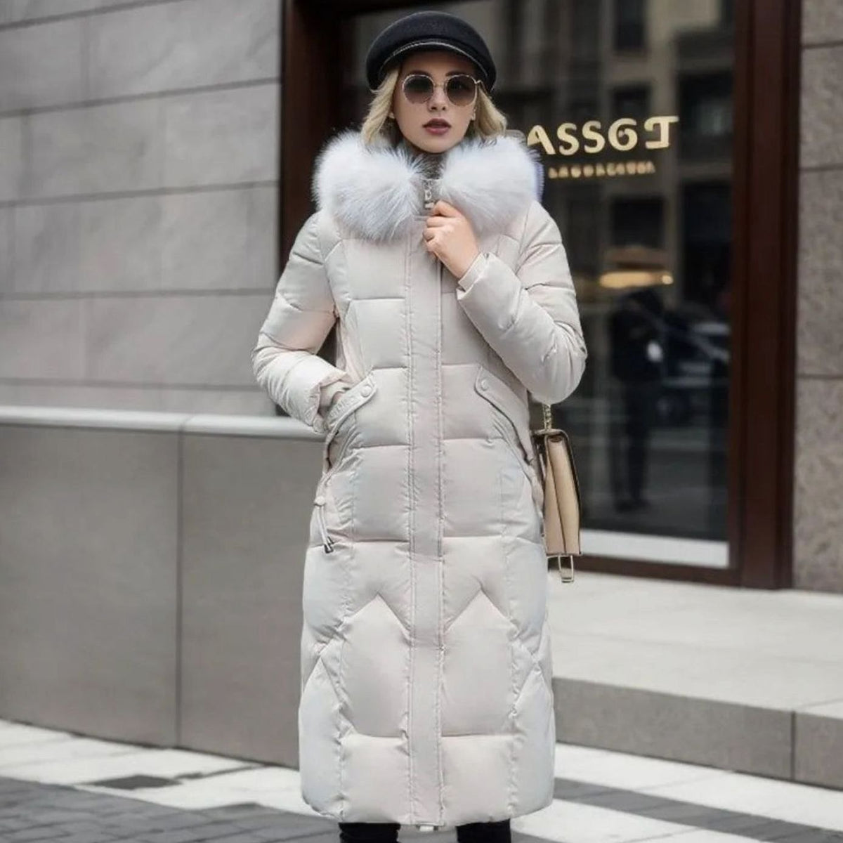Eliza | Women's Long Hooded Quilted Puffer Coat with Faux Fur Trim