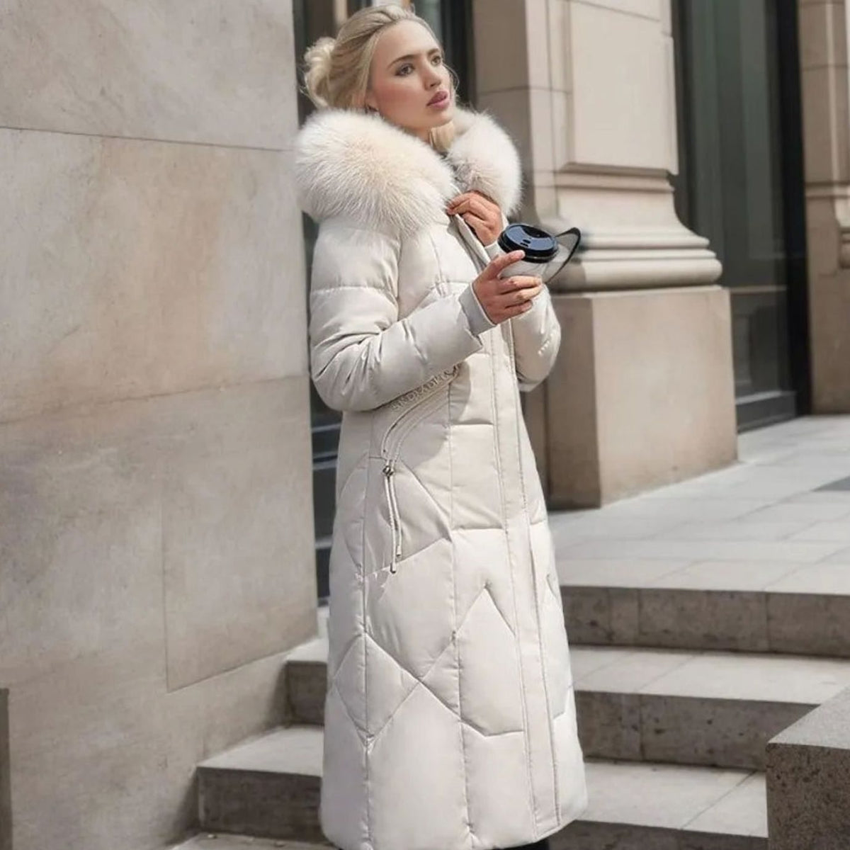 Eliza | Women's Long Hooded Quilted Puffer Coat with Faux Fur Trim