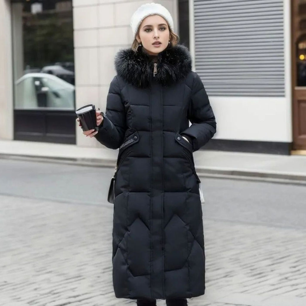 Eliza | Women's Long Hooded Quilted Puffer Coat with Faux Fur Trim