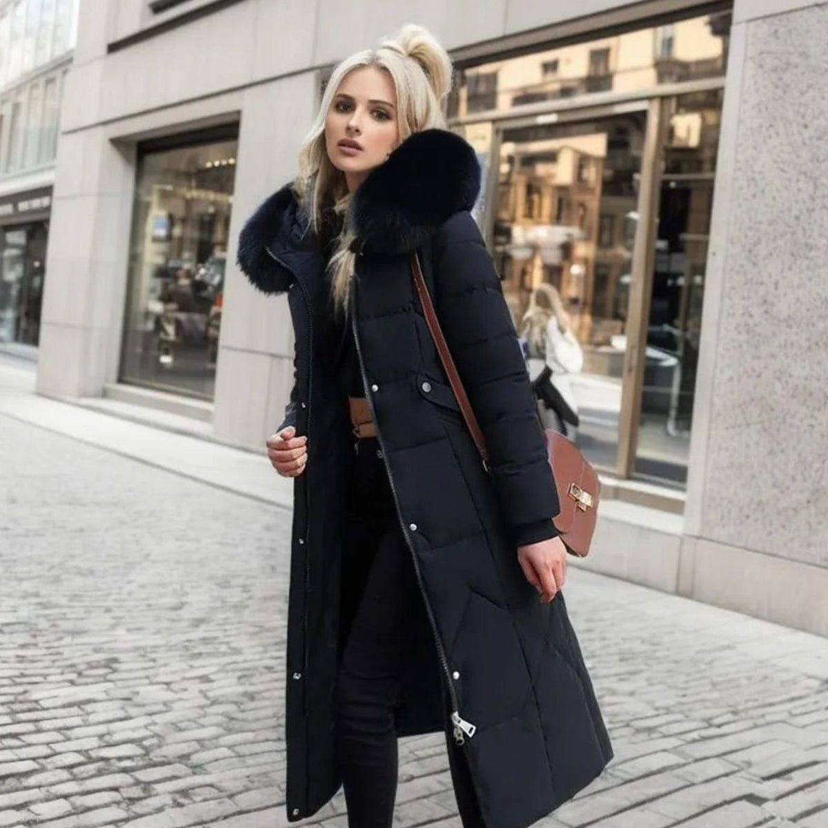 Eliza | Women's Long Hooded Quilted Puffer Coat with Faux Fur Trim