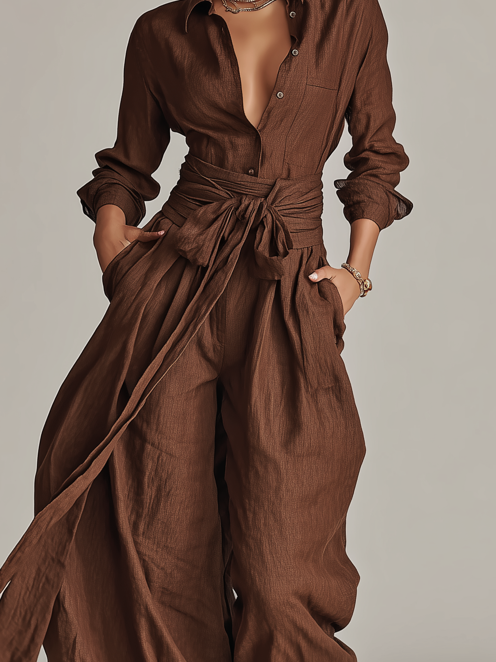 Long Sleeve Shirt Collar Tie Waist Wide Leg Linen Jumpsuit
