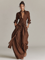 Long Sleeve Shirt Collar Tie Waist Wide Leg Linen Jumpsuit