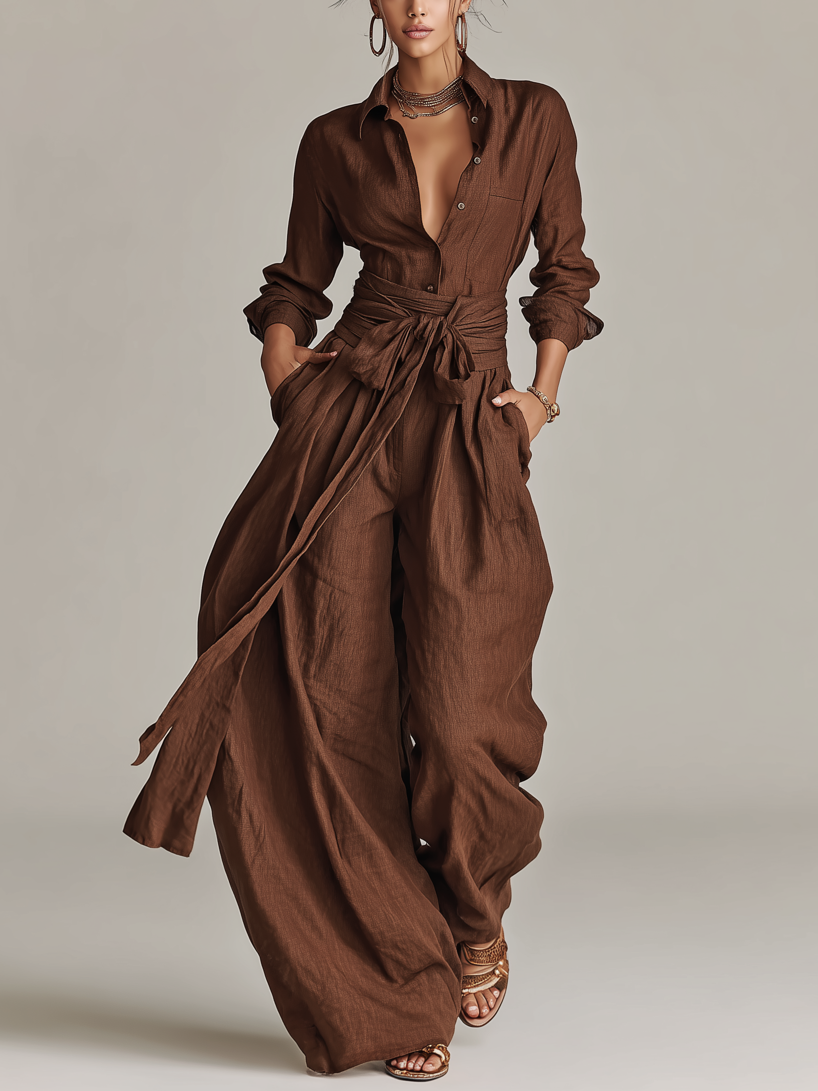 Long Sleeve Shirt Collar Tie Waist Wide Leg Linen Jumpsuit