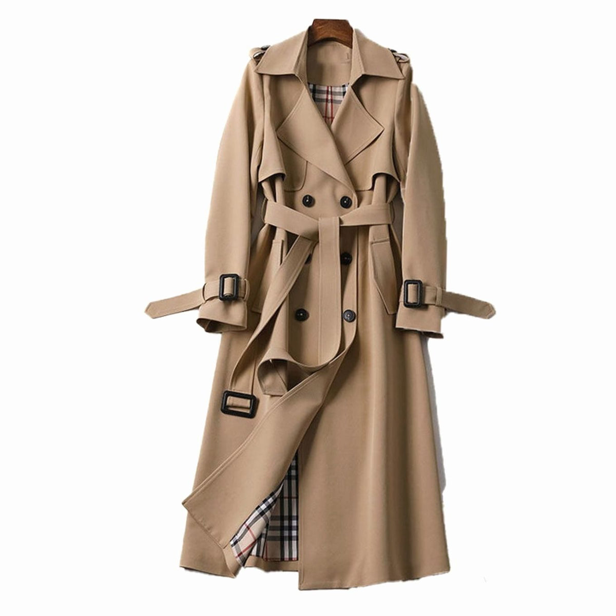 Eva | Women's Double-Breasted Belted Trench Coat with Plaid Lining