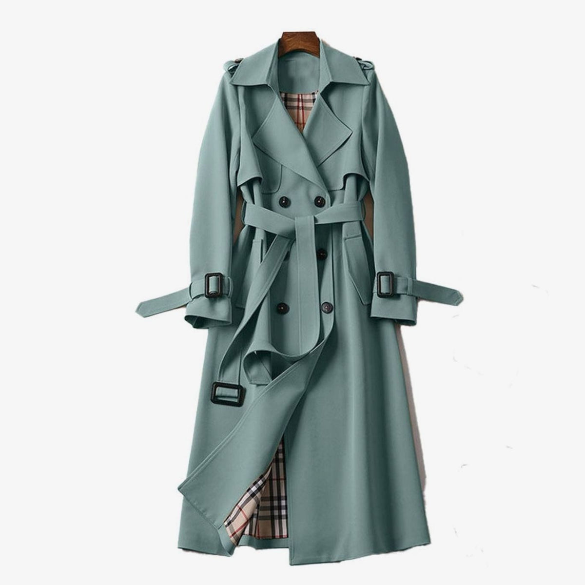 Eva | Women's Double-Breasted Belted Trench Coat with Plaid Lining