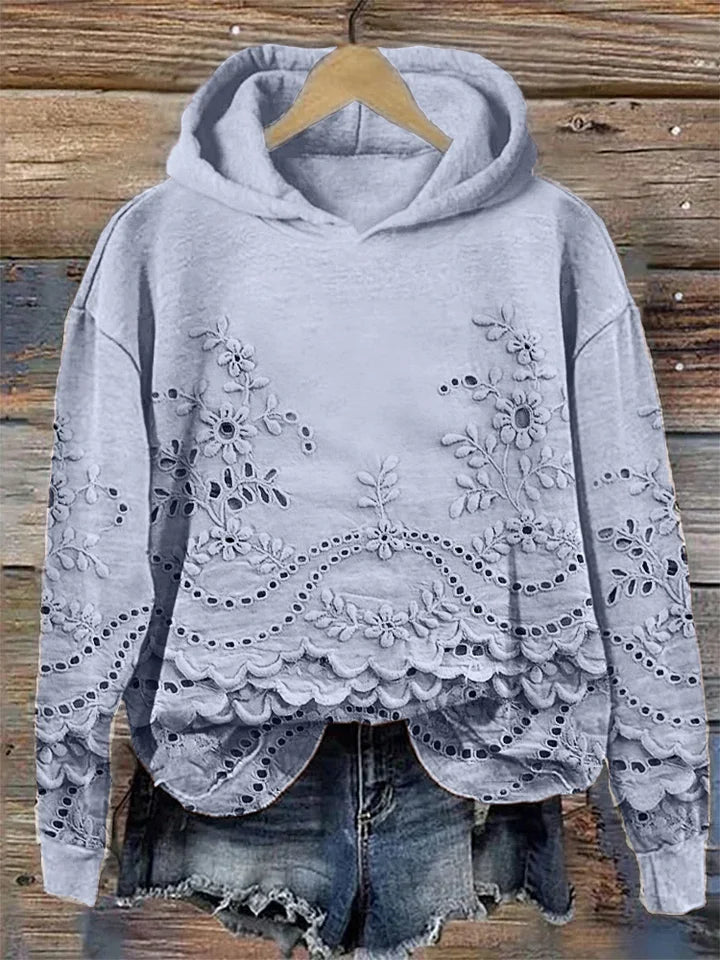 Faye | Women's Floral Embroidered Hoodie with Scalloped Hem