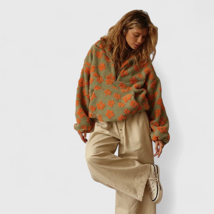 Junie | Women's Sherpa Fleece Floral Sweater with Quarter-Zip