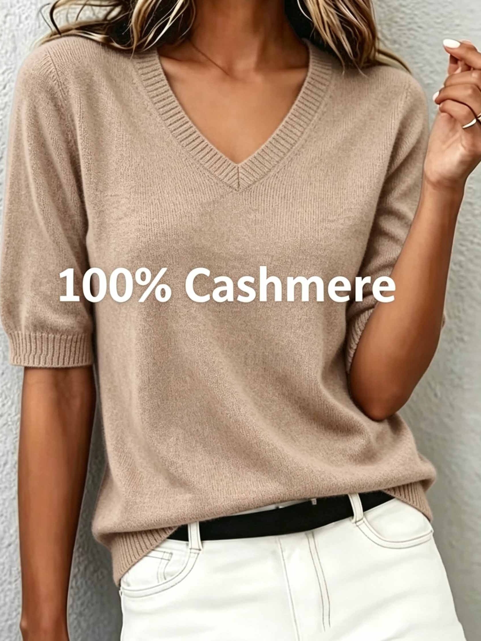 Delphine | Women's Cashmere Wool Short-Sleeve V-Neck Sweater with Ribbed Collar