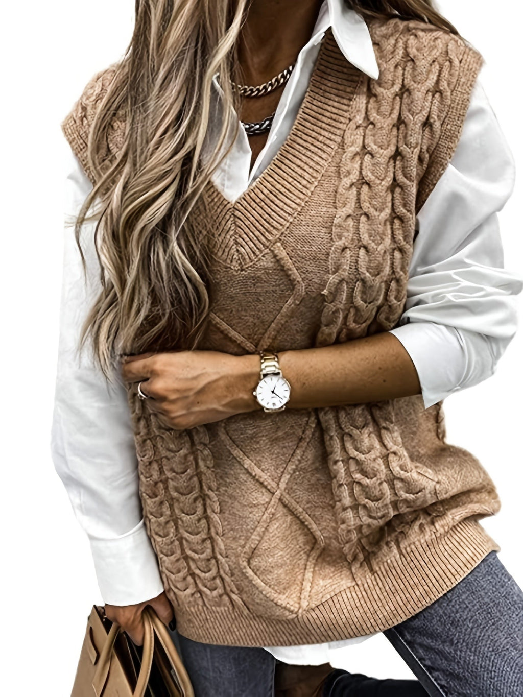 Delaney | Women's Cable Knit V-Neck Sweater Vest