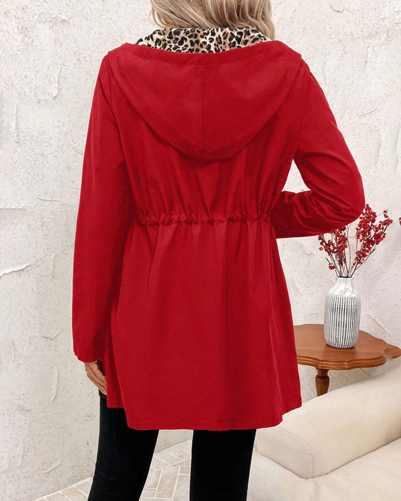 Genevieve | Women's Long Hooded Rain Jacket with Leopard Print Lining