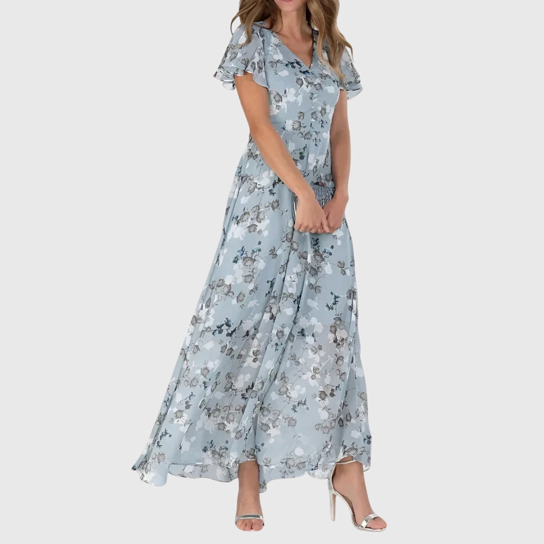 Floral Flutter Sleeve V-Neck Flowy Maxi Dress - Wedding Guest